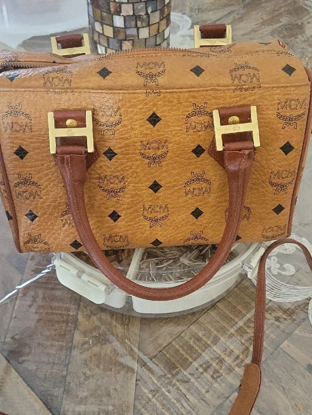 MCM Cognac Visetos Boston Satchel with Brown Accents